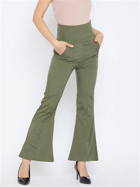 Buy PANIT Women Olive Green Regular Fit Solid Bootcut Trousers ...