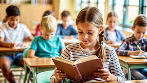 Girl reading a book in the classroom with her classmates in the ...