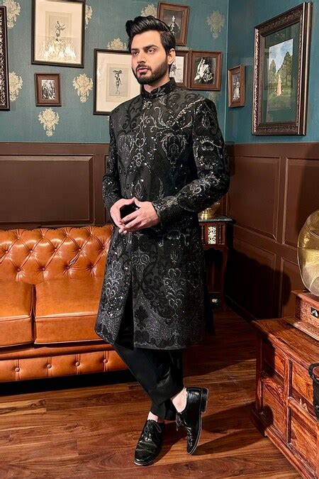 Buy Black Velvet, Polyester, Viscose, Cotton Embellished Sherwani Pant ...