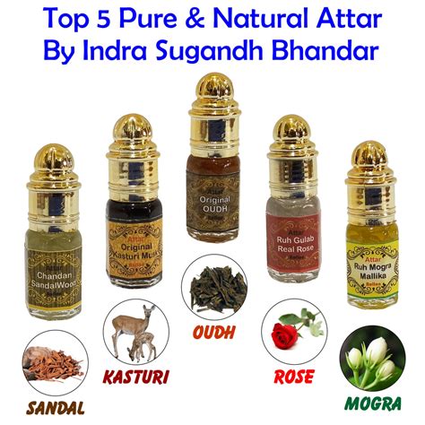 Combo of Natural Chandan/Sandalwood, Kasturi, Oudh, Gulab, Mogra 3ml R ...