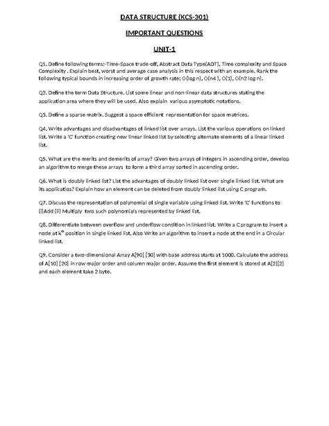 DS important questions unit wise - DATA STRUCTURE (KCS-301) IMPORTANT ...