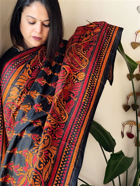 Black Handmade Nakshi Kantha Dupatta in Pure Silk - Masakalee