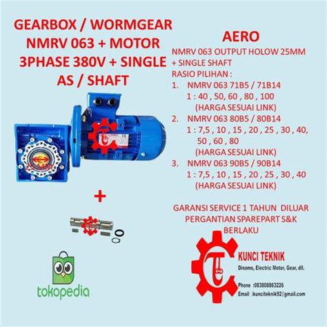Jual worm gear/gear reducer NMRV 063 ratio 100 + 0.5hp 3phase + single ...