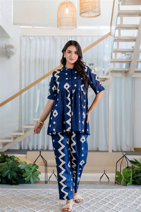 Indigo Ikat Peplum Style Cotton Co-ord Set from Me&My