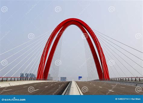 The Graceful Curve of Red Cable-stayed Bridge Stock Photo - Image of ...