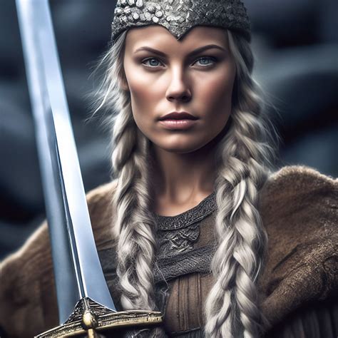 "Viking woman. Two thick braids. Helmet. sword" — image created in Shedevrum