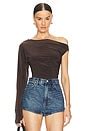 Norma Kamali One Sleeve Drop Shoulder Side Drape Top in Chocolate | REVOLVE