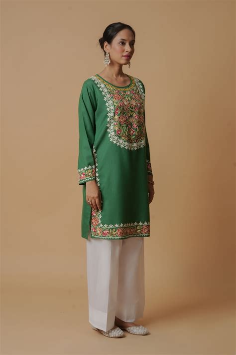 House Of Kari(Chikankari Clothing) - Kashmiri Aari Work Long Kurta - Green