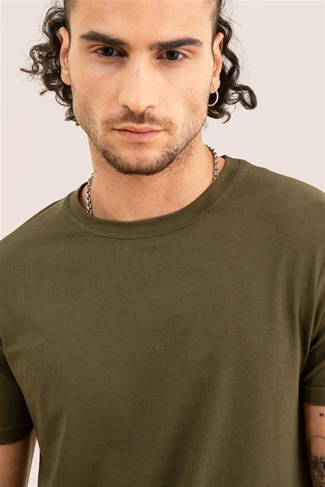 Olive Solid 4 Way Stretch Crew Neck T-Shirts - SNITCH