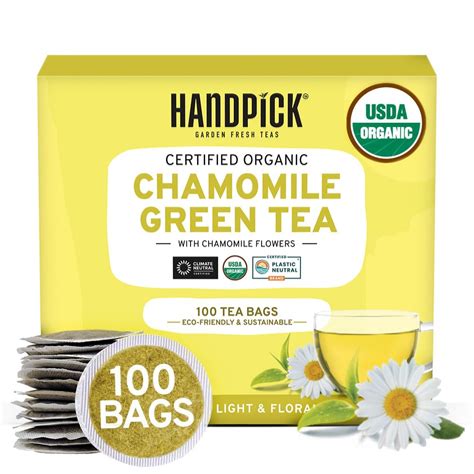 HANDPICK USDA Organic Green Tea With Pure Chamomile (100 Tea Bags ...