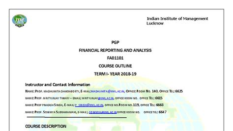 PGP FINANCIAL REPORTING AND ANALYSIS FA01101 COURSE OUTLINE 2018-19 ...