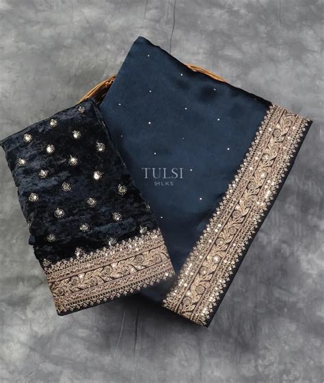 Buy Blue Crinkle Crepe Embroidery Silk Saree T555355