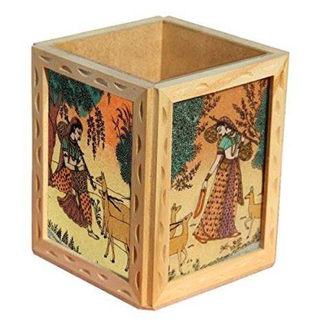 HANDICRAFTS PARADISE Real Gemstone Pine Wooden 4 Side Painting Pen ...