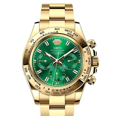 LOBINNI Luxury Stainless Steel Automatic Chronograph Golden - Green Di ...