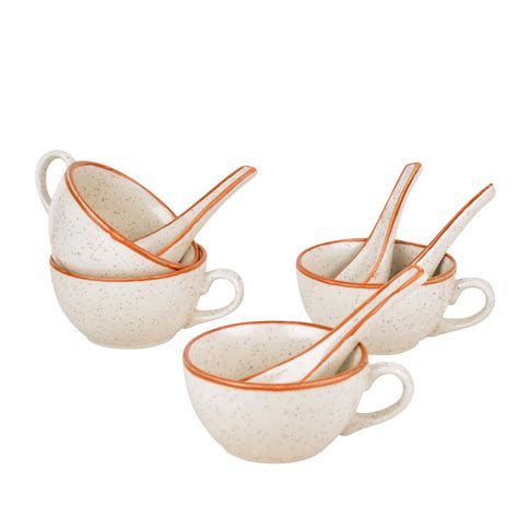 Ceramic Matt Finish Soup Cups with Spoon (250 ml each, Set of 4, White ...