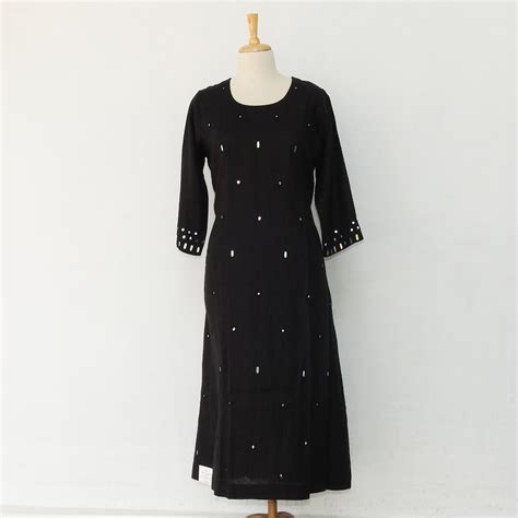 Jet black linen dress with mirror work – MAMTA FOMRA