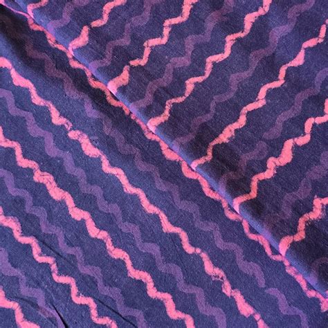 Pure Cotton Double Dabu Purple With Pink Zig Zag Stripes Hand Block Pr ...