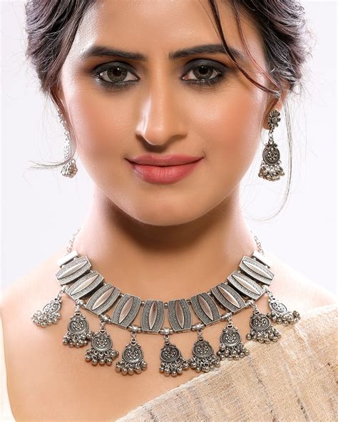 Beaded Chandbala Oxidized Choker Necklace Set with Dangler Earrings – INC63
