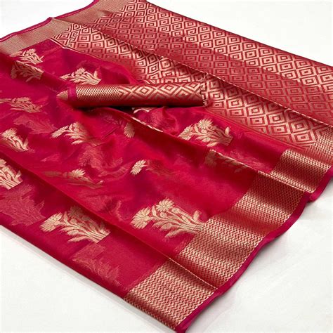 Red Floral Woven Organza Saree