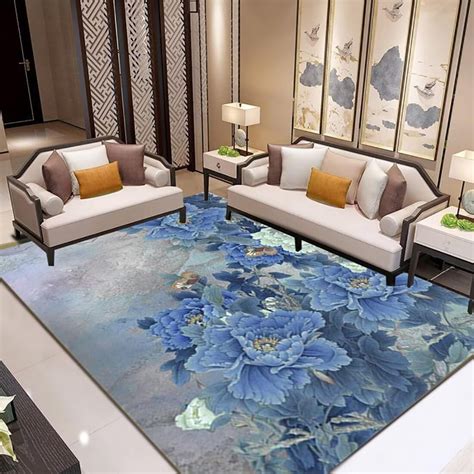 Dark Blue Blooming Flowers Rugs Floor Mats Modern Floral Area Rug For ...