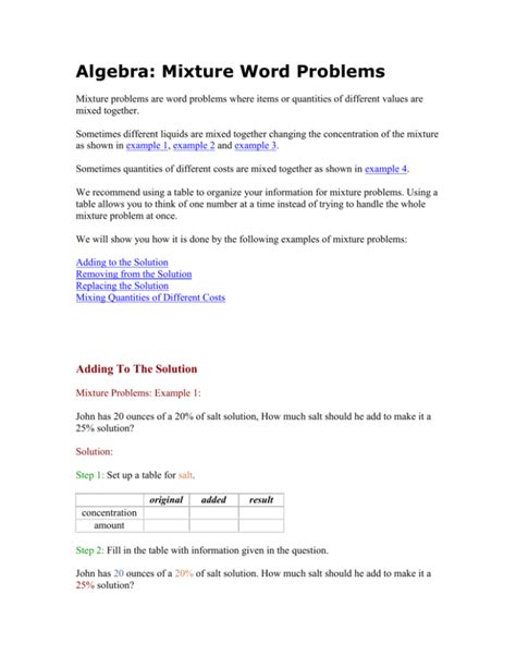 Mixture Problems Algebra 1 的图像结果