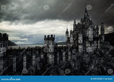 Dark Fantasy Medieval Castle in Rocky Landscape by a Lake with Moody ...