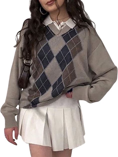 Women Y2K Argyle Knit Pullover Sweater Tops Oversized Long Sleeve V ...