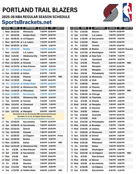 Printable 2025-26 Portland Trail Blazers Schedule; TV Broadcasts and ...