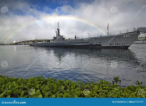 USS Bowfin Submarine with Rainbow, Pearl Harbor, Hawaii Stock Image ...