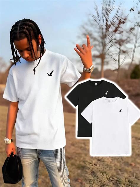 SHEIN Explorewe 2pcs Teen Boy Flying Birds Embroidery Short Sleeve T ...