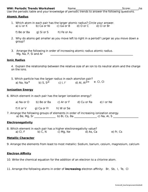 Periodic Table Trends Atomic Radius Worksheet - Free Worksheets Printable