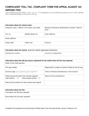 Fillable Online autopass COMPULSORY TOLL TAG. COMPLAINT FORM FOR APPEAL ...