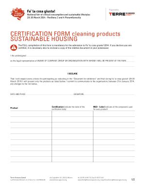 Fillable Online terre CertifiCatiOn fOrm cleaning products sustainable ...