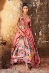 Buy Pink Chanderi Printed Floral Gilet Open Embroidered Lehenga Set For ...