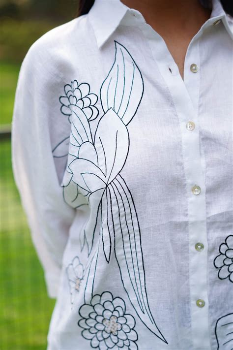 Buy Linen Bloom White Flower Embroidered Shirt Online at ScrollnShops