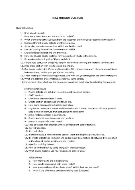 HMCL Interview Questions - HMCL INTERVIEW QUESTIONS Darshit Panchal: 1 ...