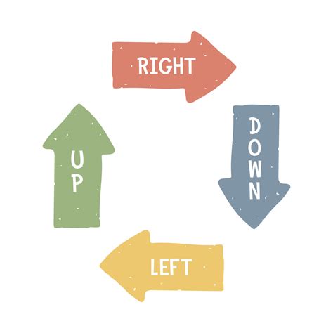 Directions vector set. Right, left, up, down. Four directions in colorful arrows flat vector ...