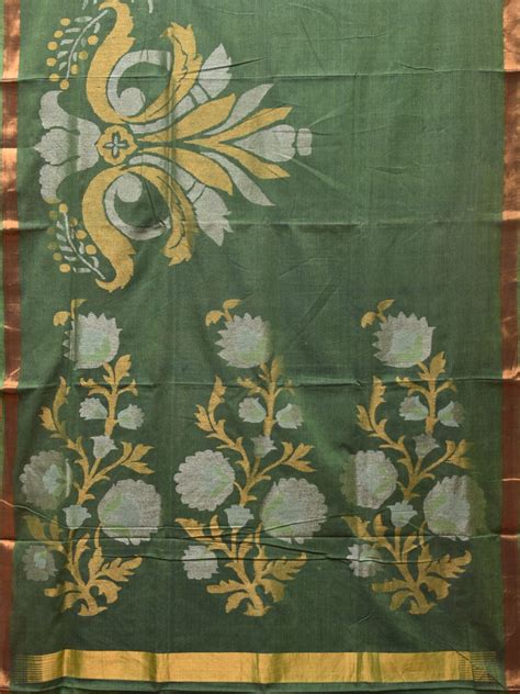 Green Khadi Cotton Handloom Saree with One Side Border and Floral Pall ...