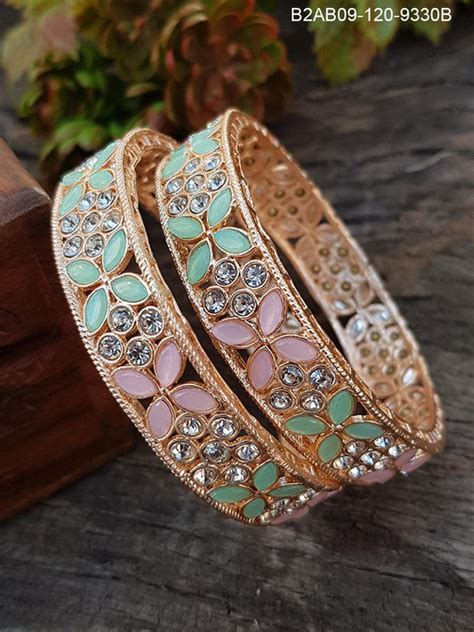 Rose Gold Plated Set of 2 designer Bangles with Mint Green and Mint ...