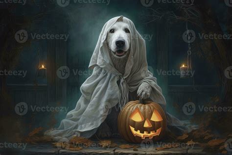 Halloween theme. dog in ghost costume with pumpkins on dark background ...