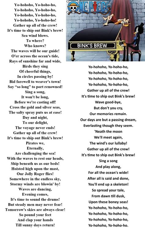 BINK'S BREW lyrics (One Piece Sea Shanty/Brook's Song) in 2024 | One ...