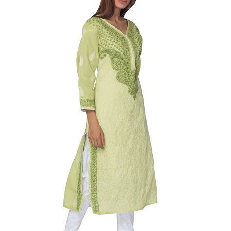 Seva Chikan Hand Embroidered Green Cotton Lucknowi Chikan Kurta-SCL089