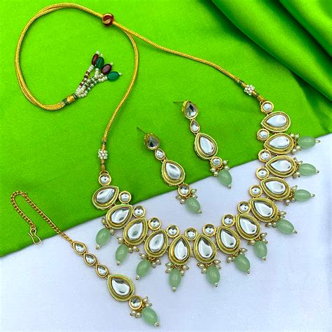 Sujwel Gold-Plated Kundan Necklace Set with Earrings, and Tikka for Gi