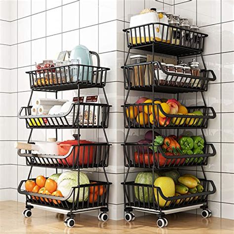Black- Fruit Cart with 4 wheels Fruits & Vegetable Onion Trolley, Dish ...