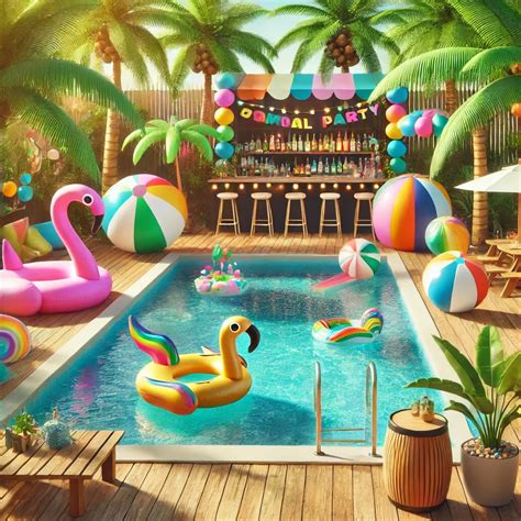 Dive into fun with our tropical pool party setup! Featuring colorful inflatables and a poolside ...