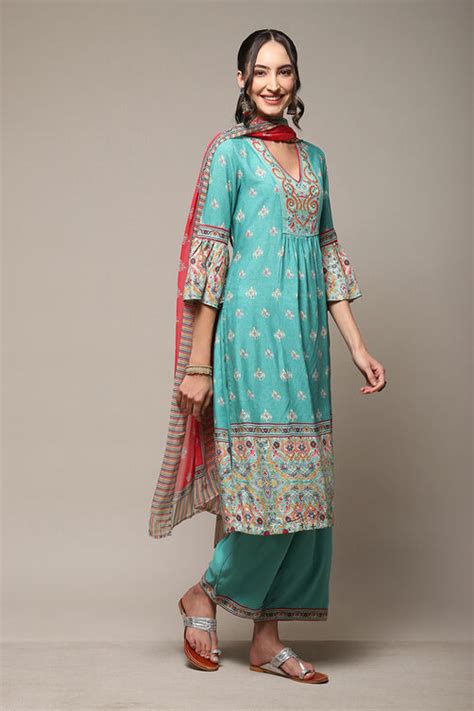 Sea Green Rayon Gathered Kurta Palazzo Suit Set