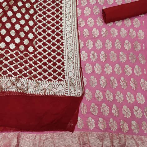 Baby Pink and Maroon Handloom Georgette Silk Banarasi Suit – Mohsin ...