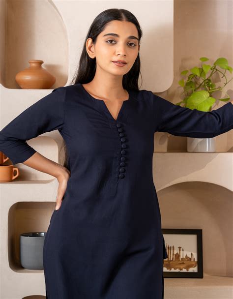 Navy Blue Notched Neck with Button Loops Straight Kurta – GulaboSitabo