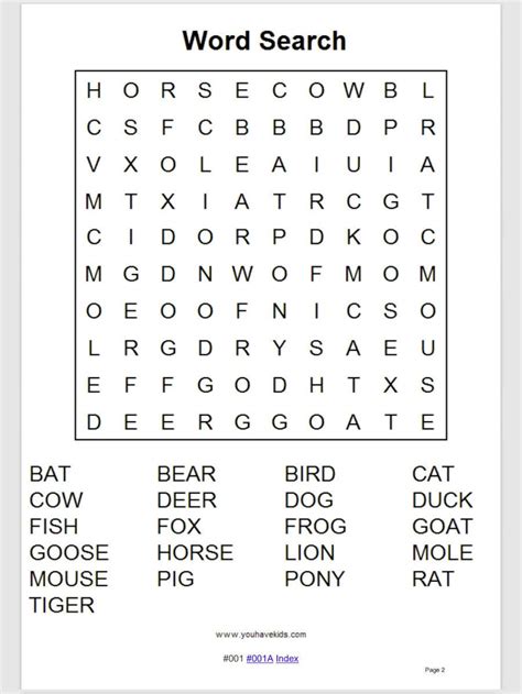 100 Printable Grade 1 Animals Word Searches With Answers - Etsy