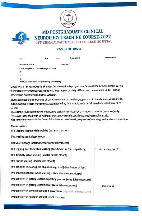 MEDIC 965. CNS Proforma for Neurology Teaching at Chengalpattu Medical ...